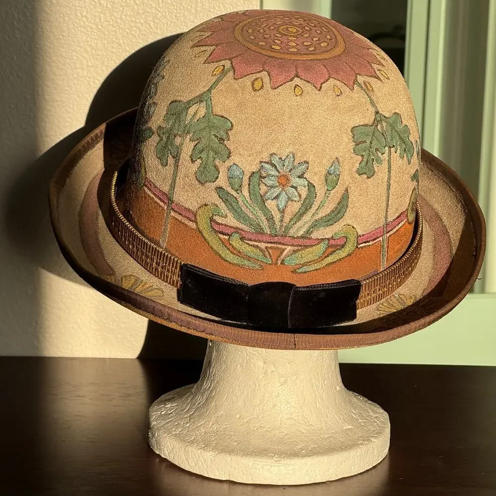Rare OOAK Hand Painted Dorfman Pacific Bowler Hat Coachella Folk Art Boho Unisex